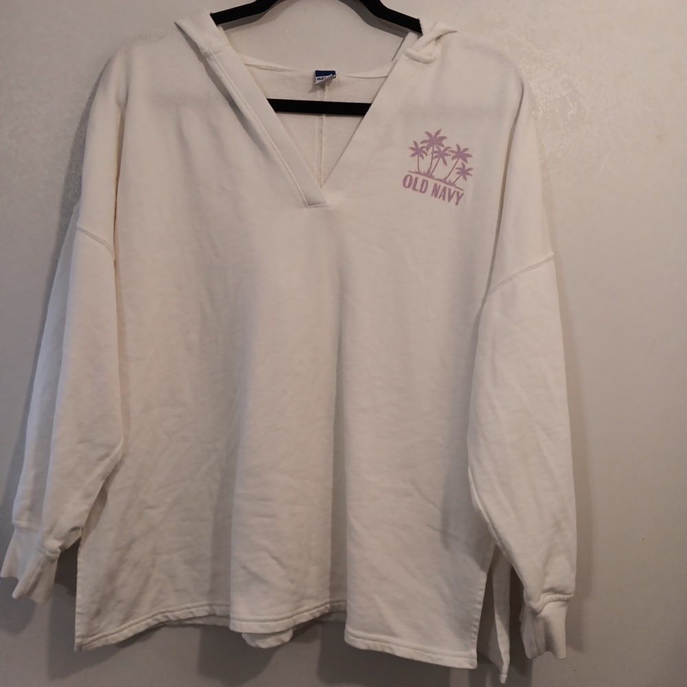 Old Navy Women's Pullover Hooded Shirt Sz. L  White w/‎ Lavender Logo 3/4 Sleeve